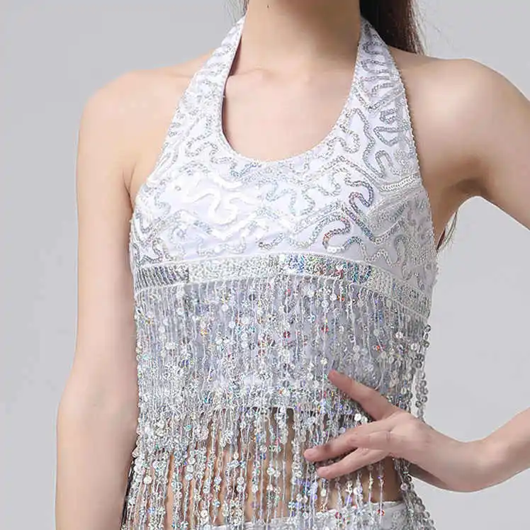 silver Новая женская одежда для танца живота, без рукавов, с бретельками, аксессуары для костюма, с пайетками, с бахромой, топ, бюстгальтер, свободный размер - Цвет: silver