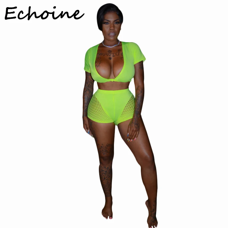 Спортивный костюм Echoine спортивный в сетку короткий топ + короткие штаны женская