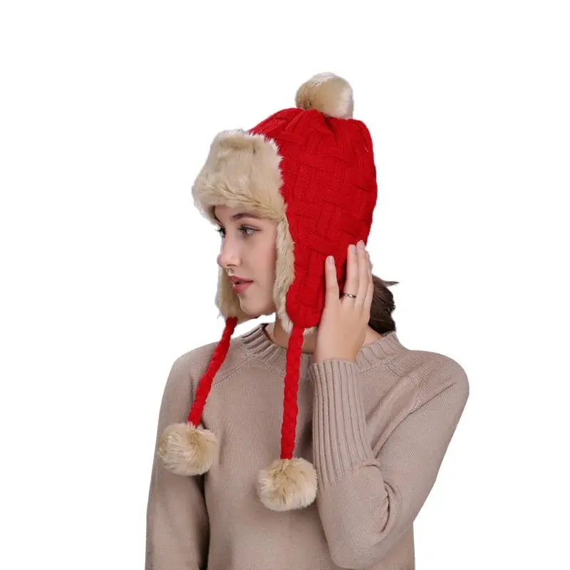 Red(solid) 11 Styles Women Winter Thicken Lining Earflap Hat Knitted Contrast Color Snow Ski Beanie Cap Pompom Ball Long Tassels Ear Warmer - Цвет: Red(solid)