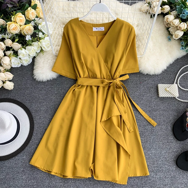 2019 новые модные женские платья Французский Сплошной цвет простой v-образный
