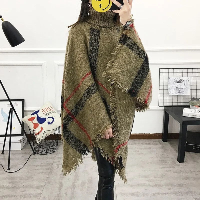 Yellow 4 Осень, 13 цветов, женский шерстяной клетчатый кардиган, повседневный стиль, водолазка с кисточками, накидка, рукав летучая мышь, вязаный свитер - Цвет: Yellow 4