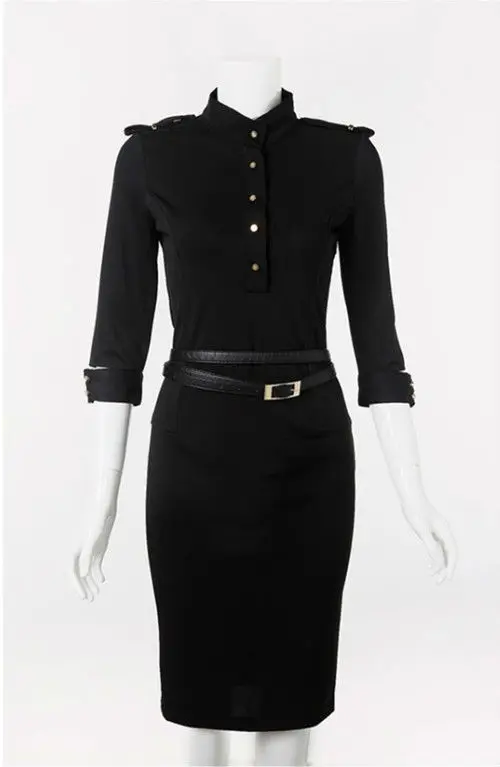 Новинка приталенное платье карандаш с воротником стойкой и рукавом 3/4 поясом