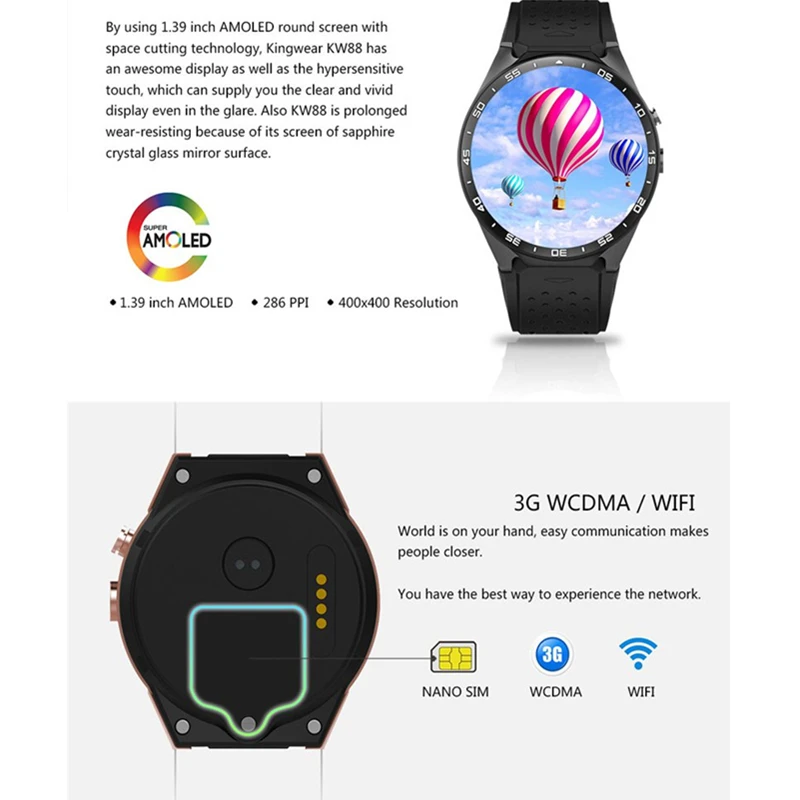 2019 KW88 ОС android 5 1 Смарт часы Электроника 39 дюйма mtk6580 SmartWatch phone support 2.0MP 3g Wi Fi nano SIM