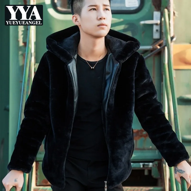 

Autumn Faux Fur Coat Men Long Sleeve Plush Fur Coat Mens Mink Hoodies Bomber Jacket Hat Winter Jacket Mens Leather Erkek Mont