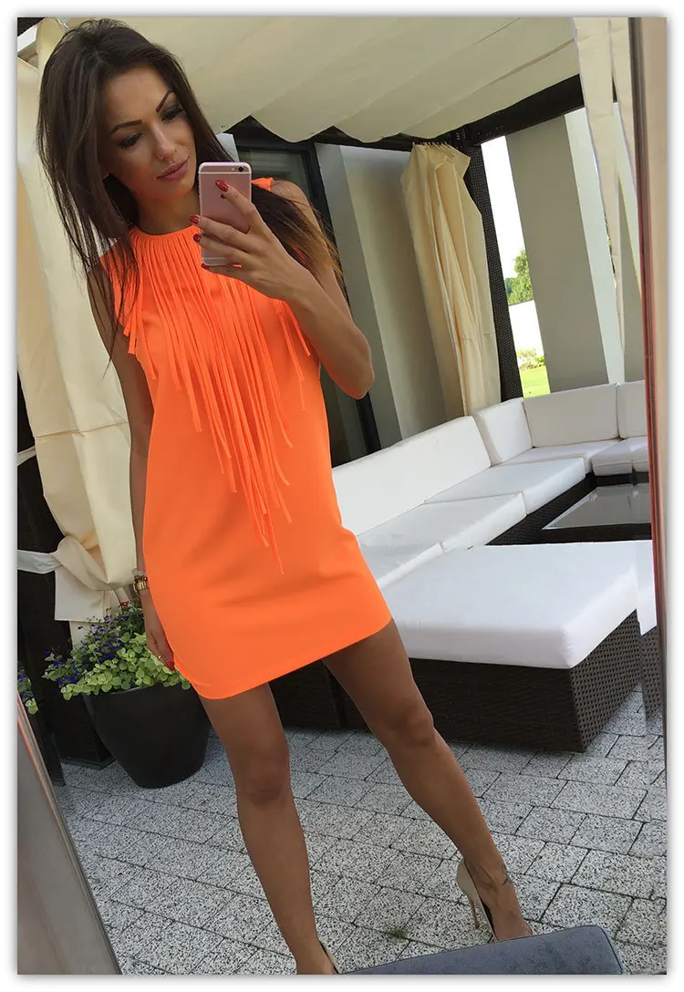 

sexy and club solid straight slim woman dresses fashion style o-neck tassel sleeveless summer female mini dresses