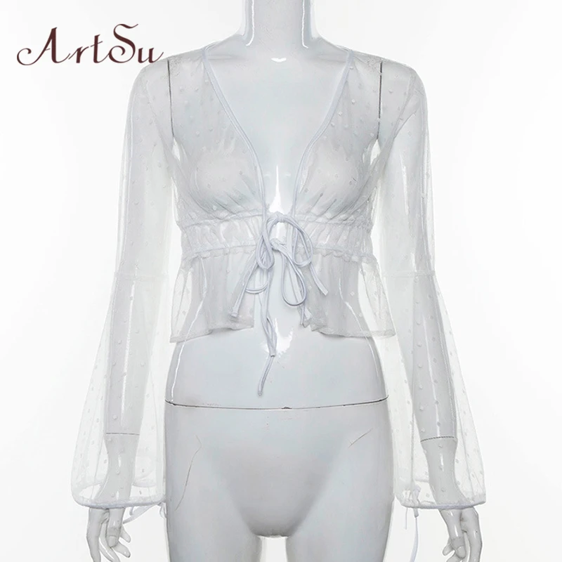 ArtSu блузка в горошек женская сексуальная белая с сеткой рубашка длинным рукавом