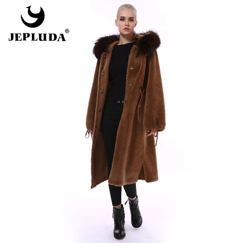JEPLUDA Шерсть Пальто Женское Зимнее с Меховым Капюшоном Песец Натуральный Стройное Элегантный Теплый Овчина Куртка Женская Зимняя с Мехом На Капюшон Пальто с Мех Лисы Натуральный