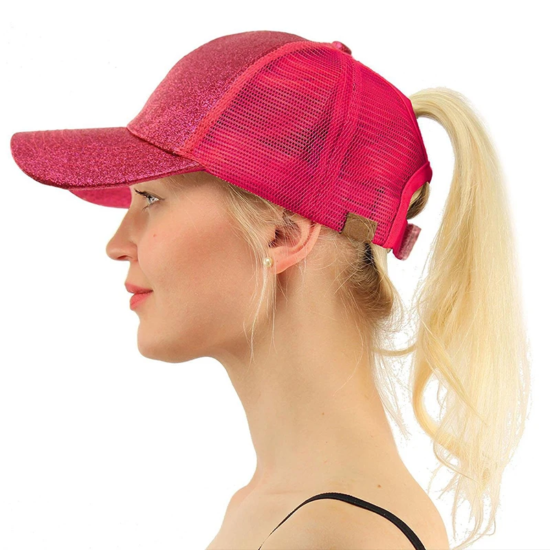 Mingjiebihuo New Fashion Spring Summer Sequin Fluorescent Baseball Cap Open Back Ponytail Cap Glitter women girls Mesh Cap