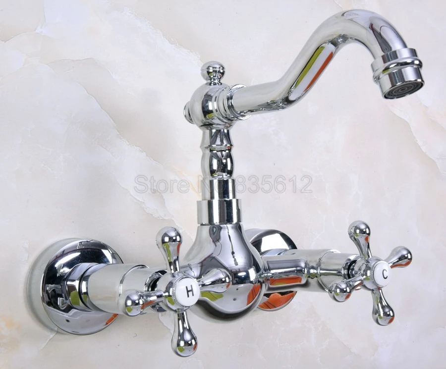 

Chrome Wall Mount Double Handle Bathroom Faucet Vanity Vessel Sinks Mixer Tap Cold And Hot Water Tap tnf968