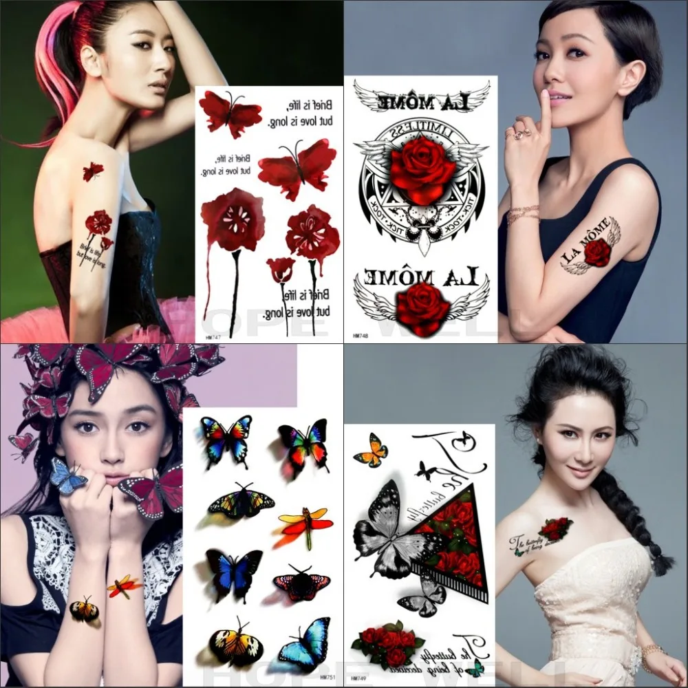 4 шт./лот 3D временные тату наклейки в виде Розовых Бабочек крови красных синих