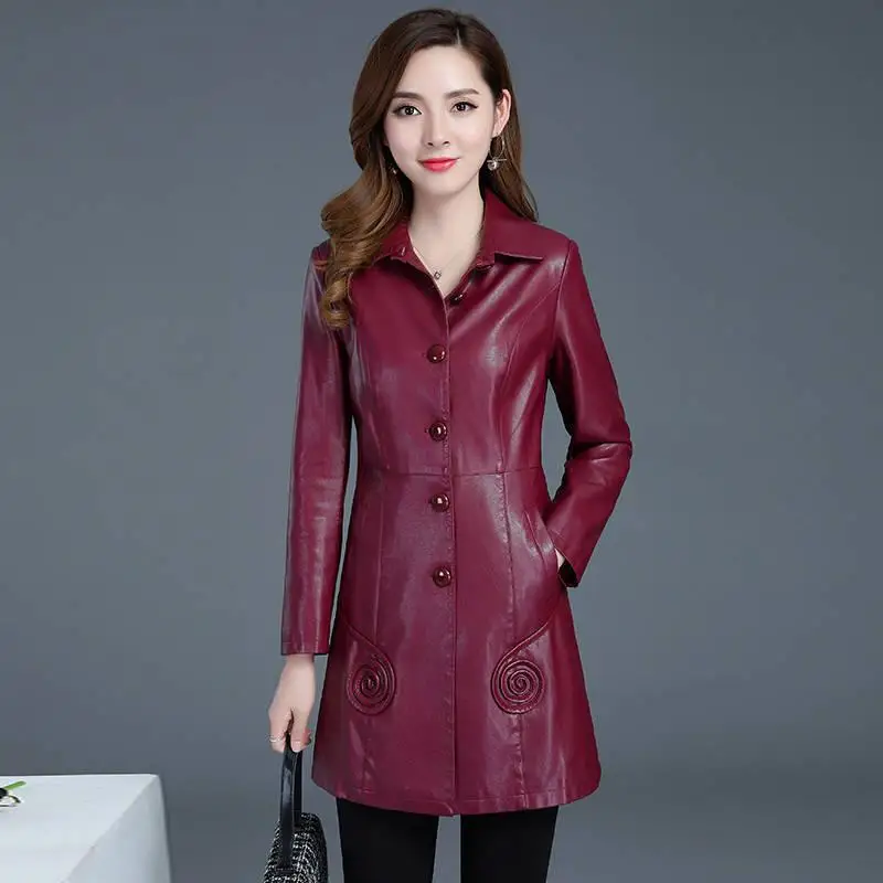 6XL красная Осенняя длинная куртка из искусственной кожи, куртка, корейская мода, однобортная весенняя куртка bomberka damsk veste femme, плюс размер