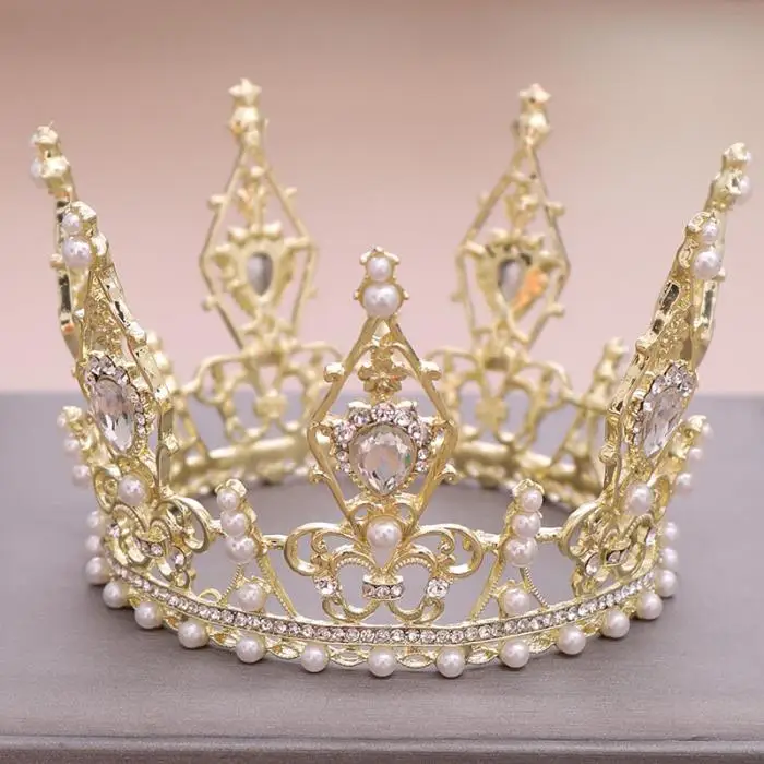 Серебряное Золото Полный Круглый диадема и украшение для волос в виде короны кристалл жемчуг диадема головной убор для женщин Свадебные аксессуары для волос LB