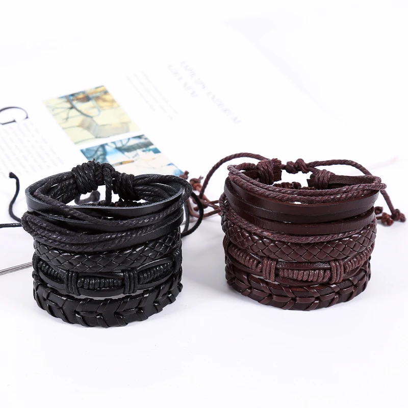 4pcs/set retro hippie punk wrap macrame wax cord knots dark brown black leather Layers stackable wrap Bracelet Bangles for man