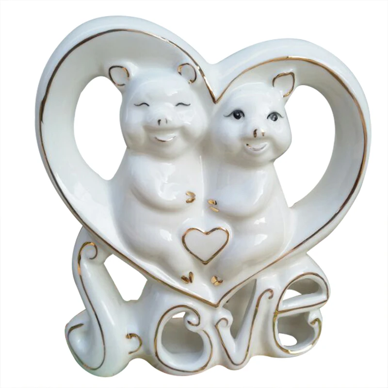 Creative Heart-shaped Ceramic Couple Pig Miniature Ornaments Wedding Gifts Europe Pigs Figurines Home Decoration Desktop Crafts | Дом и сад