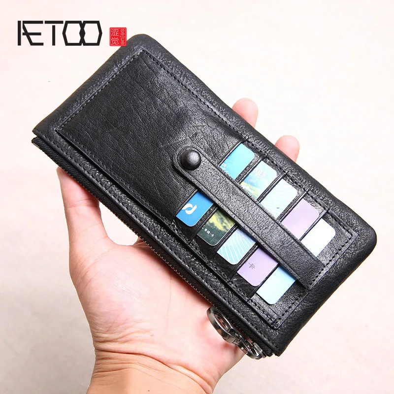 Мужской длинный кожаный кошелек AETOO ультратонкая маленькая сумочка на молнии из
