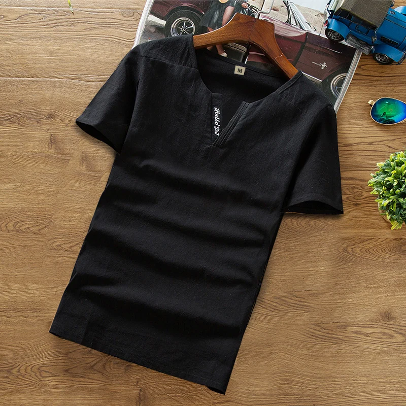 Мужская винтажная рубашка с треугольным вырезом хлопковая льняная коротким