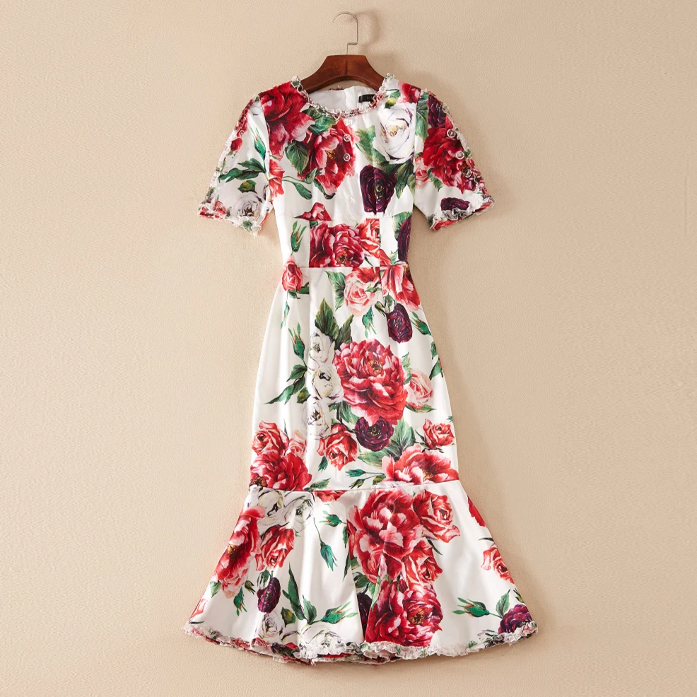 2018 Autumn Pretty Rose Print Mermaid Dress Women High Quality Short Sleeve O_neck Mid-Calf Length Slim Floral | Женская одежда