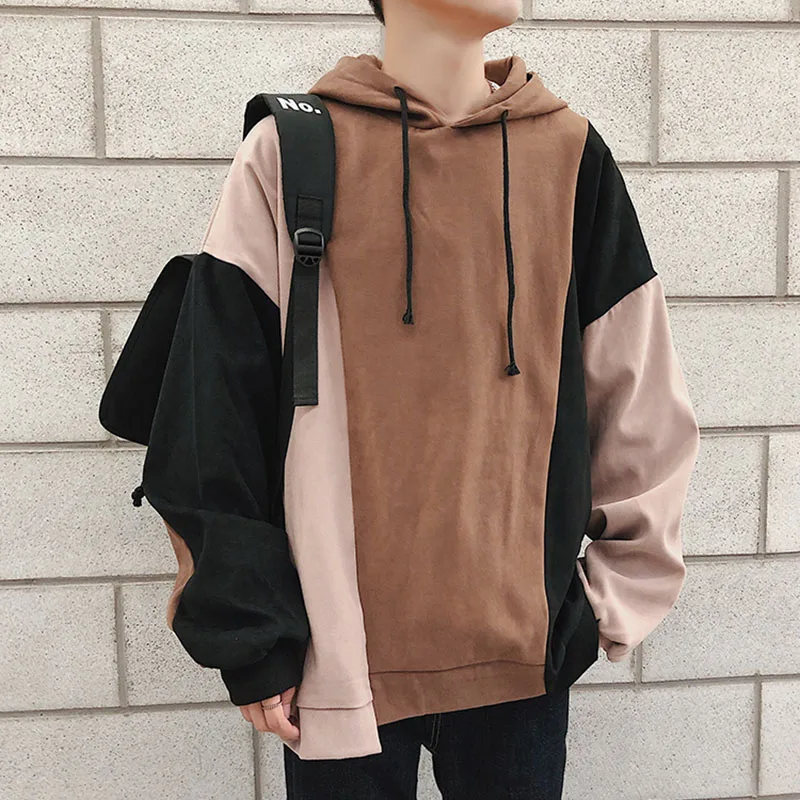 Brown with black Корейская одежда с длинным рукавом толстовки с капюшоном Мужские лоскутное худи xxxxxl хип хоп негабаритных уличная одежда толстовки мужские HD51 - Цвет: Brown with black