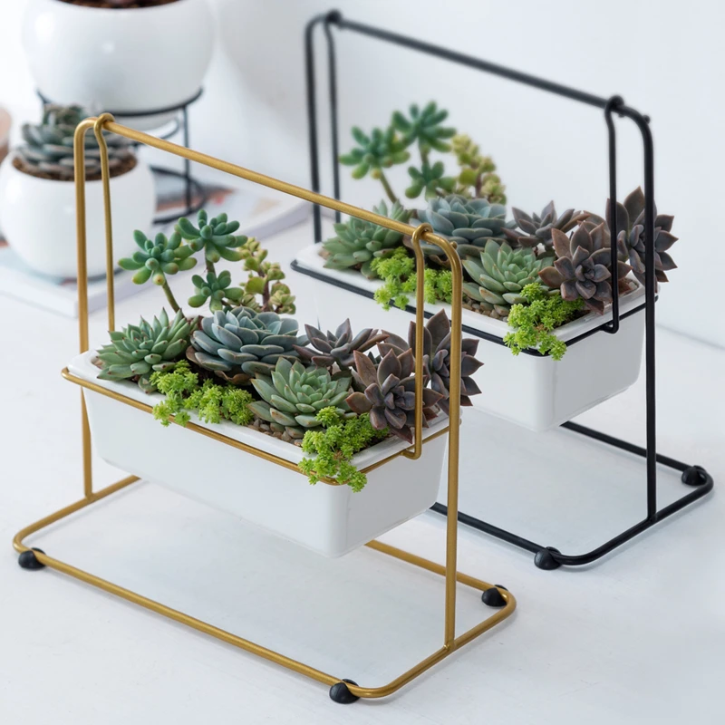 Керамический цветочный горшок с металлической полкой белый фарфоровая Кадка