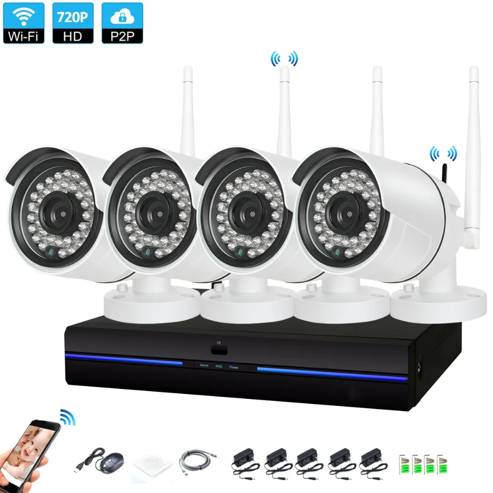 Плагин и воспроизведение 4CH Беспроводной NVR 720 P CCTV системы 4 шт. 1.0MP Крытый открытый