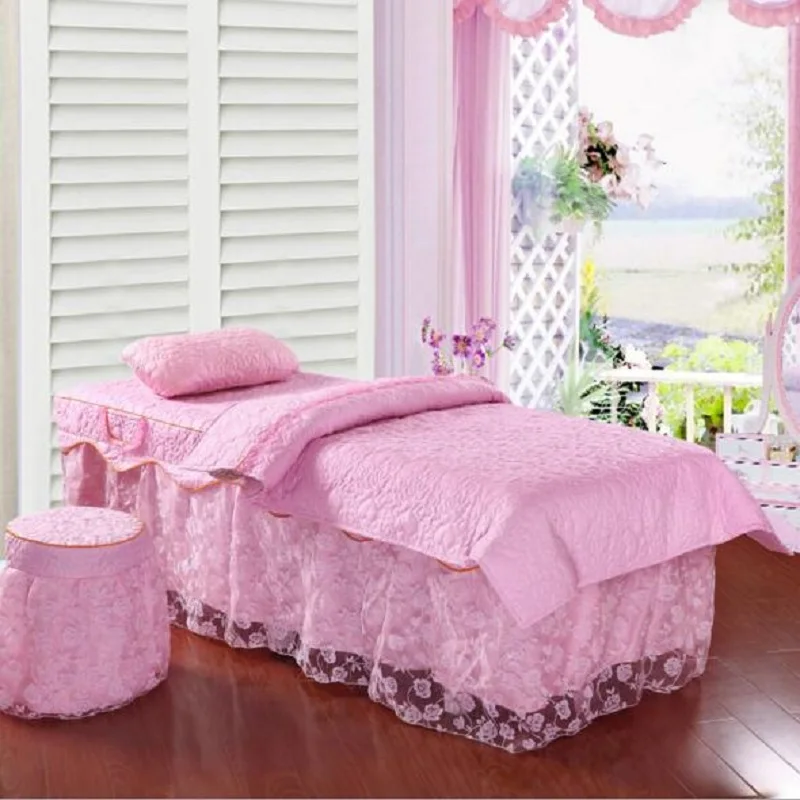 

One Set Customized Lace Beauty Salon Bedspread 70*190cm 80*190cm Bed Skirt Duvet Cover for Beauty Parlor 4pcs Purple Pink