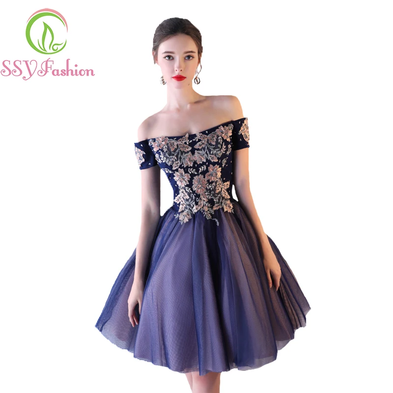 Женское вечернее платье SSYFashion элегантное темно-синее кружевное платье-трапеция