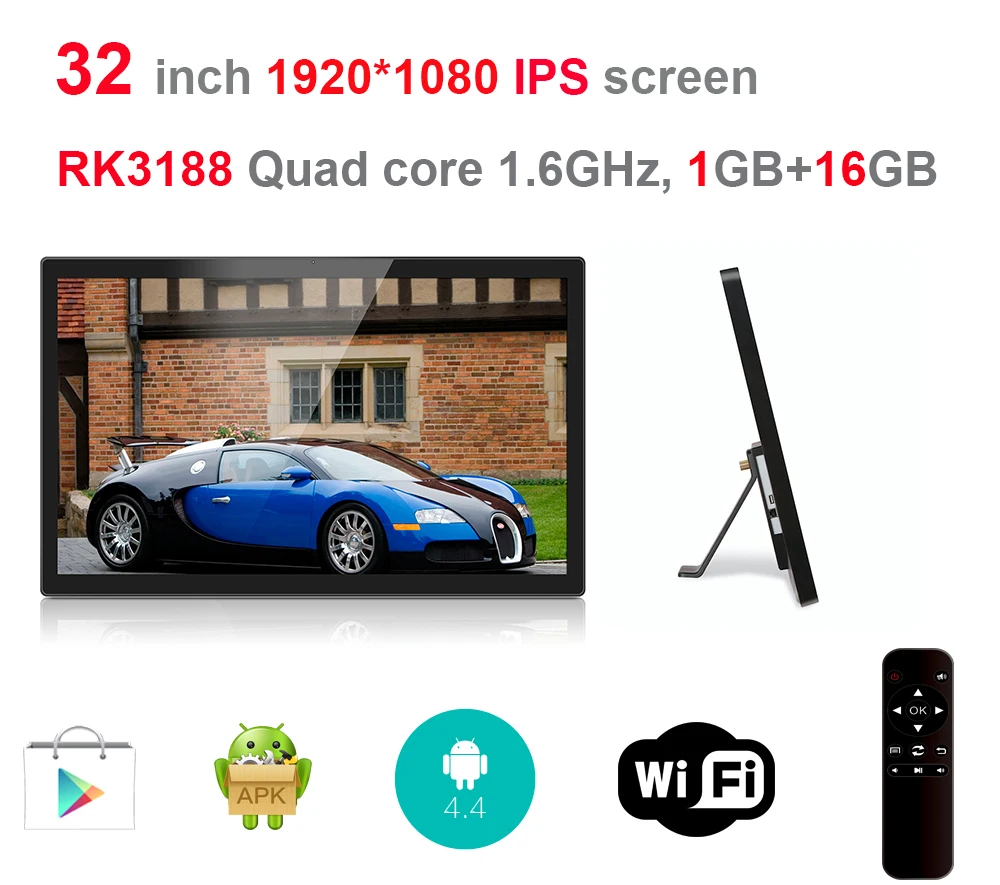32 inch Android All in one pc with remote (No touch, Quad core, 1.6Ghz, 1GB DDR3, 8GB nand, Camera, bluetooth, VESA, play store