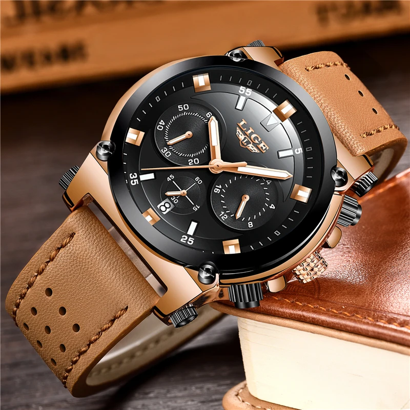 LIGE Fashion Mens Watches Top Brand Luxury Casual Sport Quartz Watch Men Leather Waterproof Military Wristwatch Relogio Masculio | Наручные