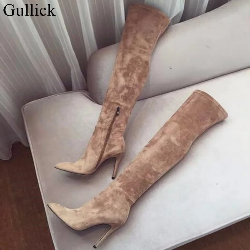 as picture Gullick/женские зимние замшевые сапоги до бедра с острым носком, Сапоги выше колена на высоком каблуке, облегающие высокие сапоги для женщин, большой размер 10 - Цвет: as picture