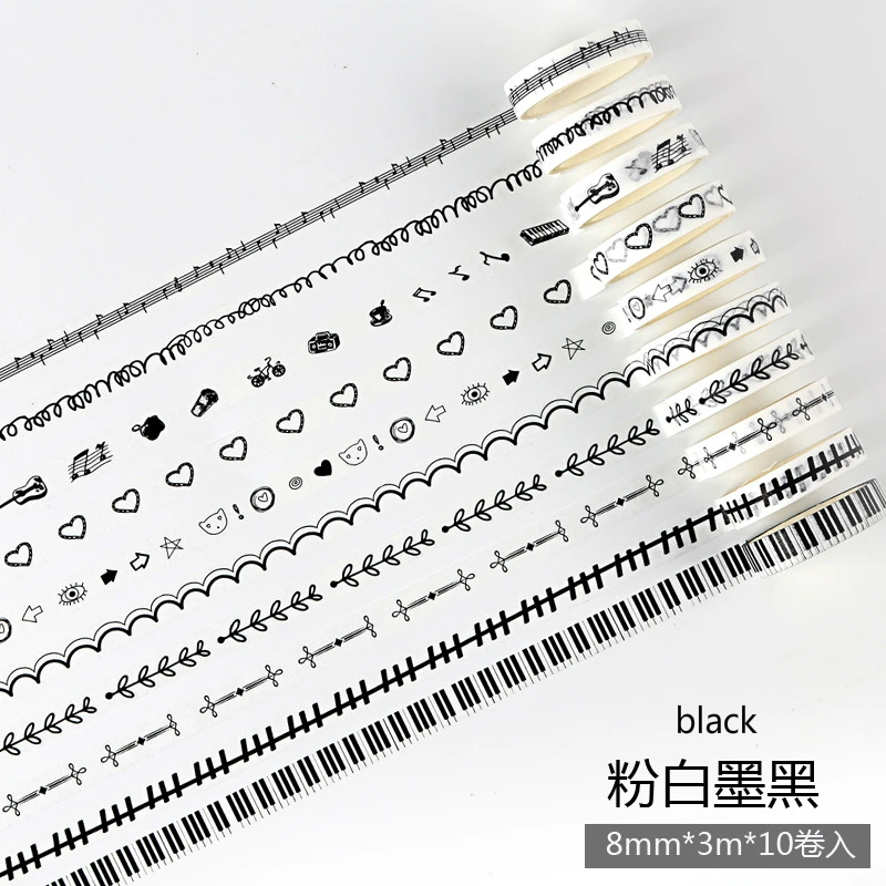black 10 томов 12 стилей васи лента базовый цвет коробка бумажный Набор Ручка DIY стикер лента роза для украшения наклейки канцелярские принадлежности - Цвет: black