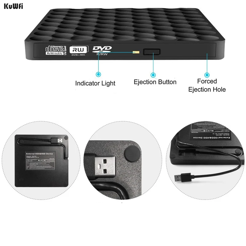 KuWFi ультра тонкий USB 3 0 внешний CD DVD RW привод Встроенная память записывающийся 5