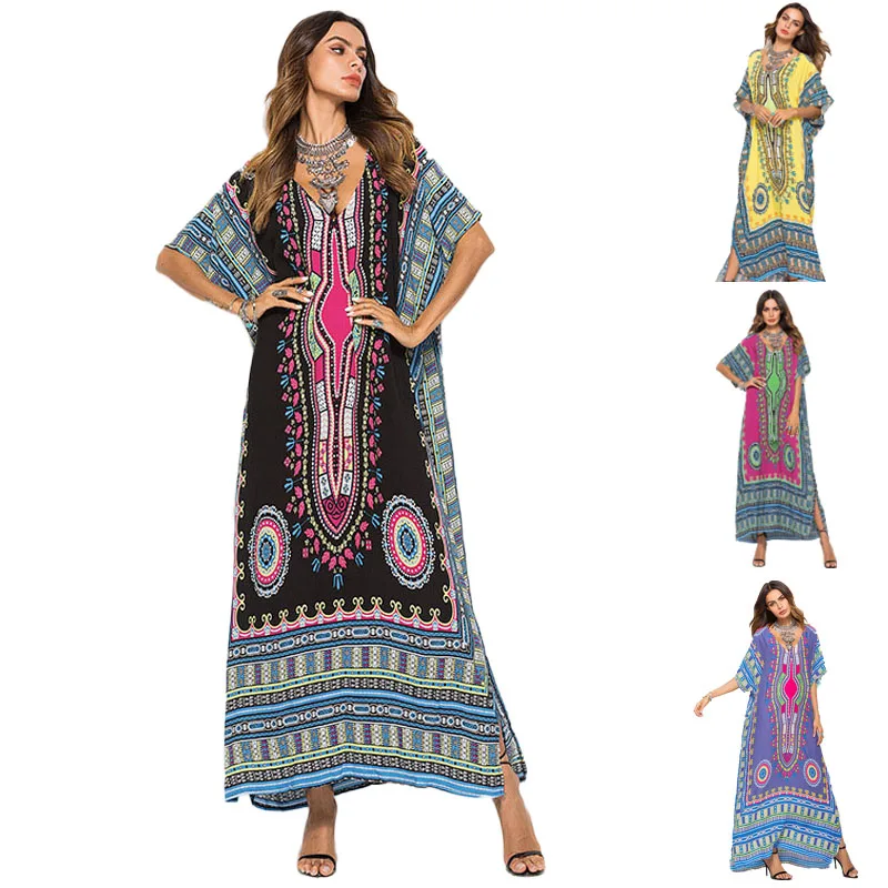 Летнее платье в стиле бохо длинное с короткими рукавами женское африканском