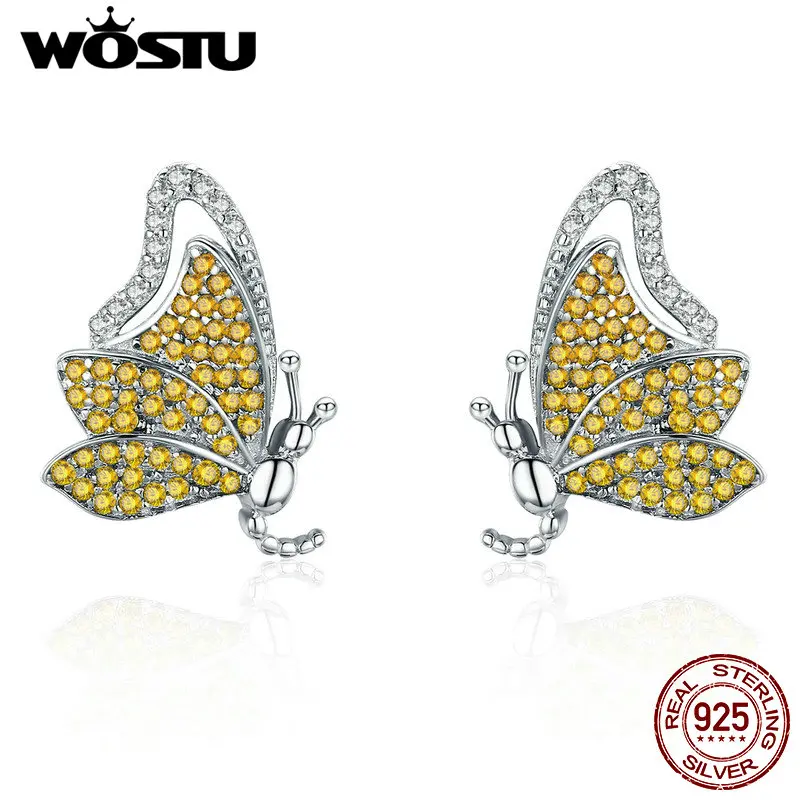 WOSTU Аутентичные 925 пробы серебряные бабочки желтые CZ серьги гвоздики для женщин обручение Свадебные украшения подарок CQE369