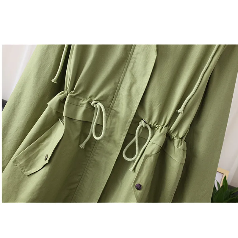 

Fashion Loose Women Trench Coat Spring Autumn Medium long Drawstring Hooded Overcoat Solid Casual Female Long-sleeved Trench 4XL