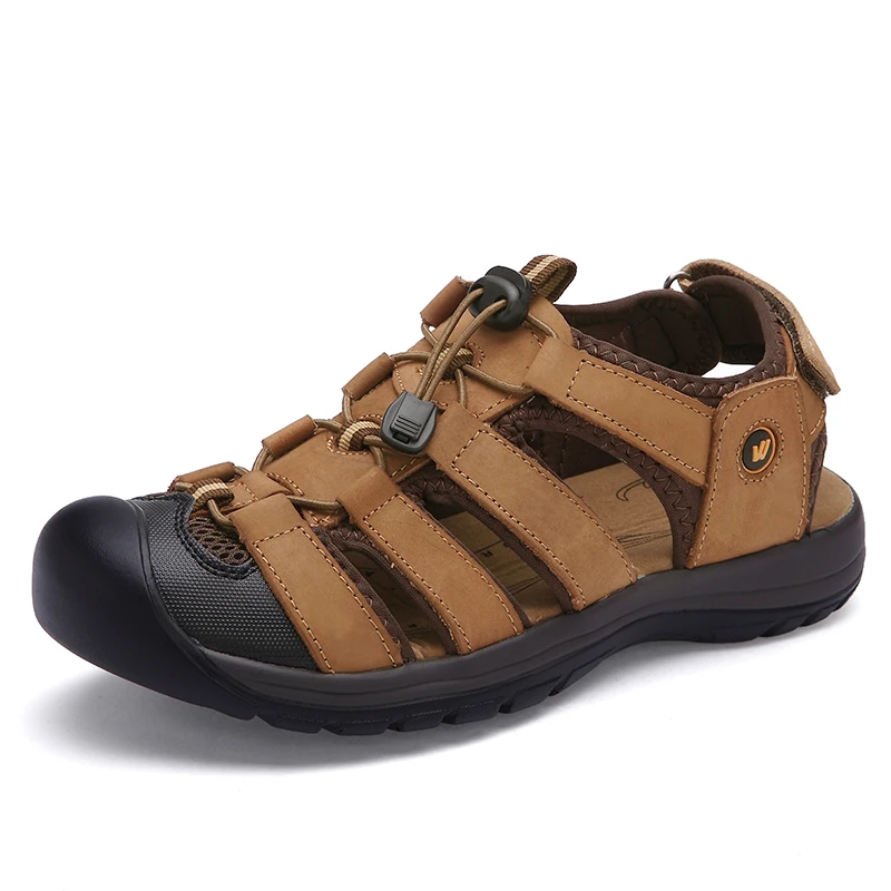 

Toe Protect Men Sandals Natural Leather Soft Sole Casual Shoes comfortable Outdoor Beach Sandals Plus Size 38-46