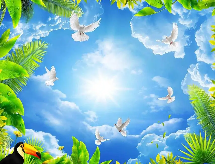 3d обои природа голубое небо облако лист потолочный голуби с изображением фрески