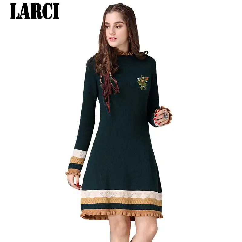 LARCI Для женщин платья 2018 Boho новый хлопок и шерсть Vestidos стенд воротник цветок