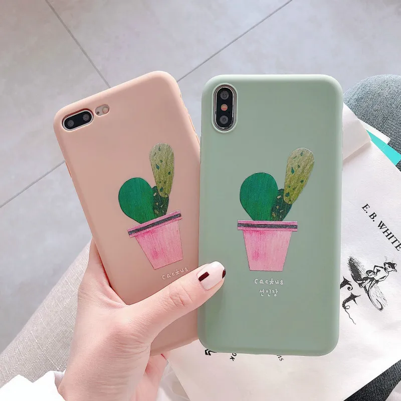 POBLU Cute Plant Cactus Leaf Case For iphone XR XS Max Korean Letter TPU Soft Back Phone Cover Shell 6s 7 8Plus |