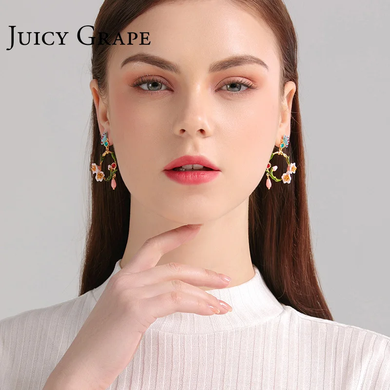 

Juicy Grape Cherry Blossom Enamel Earrings Female Design Sensitive Stud Earrings French Small Ear Jewelry