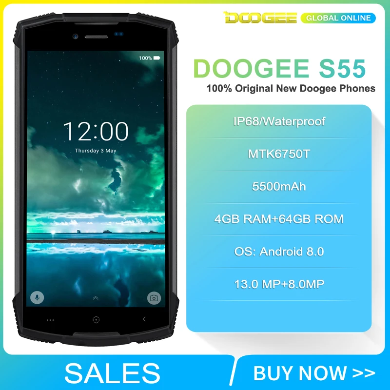 DOOGEE S55 прочный телефон 5 дюймов 18:9 IP68 из непромокаемой ткани пылезащитный