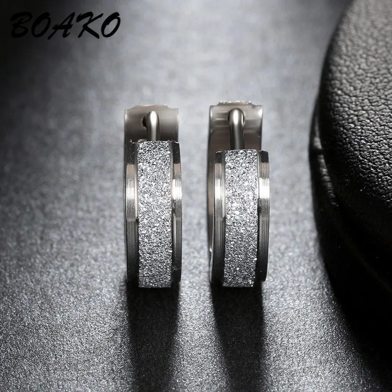 silver BOAKO, Золотые серьги-кольца для женщин и мужчин, матовые, нержавеющая сталь, пирсинг, круглые серьги Huggies, простые, Панк ювелирные изделия, Круглые Серьги - Окраска металла: silver
