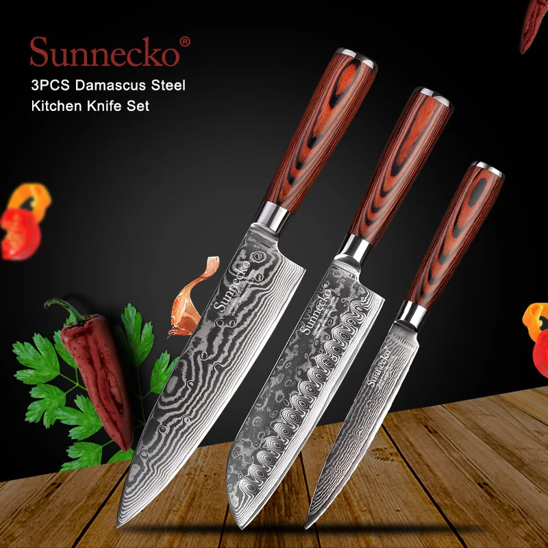 SUNNECKO 3 шт. Кухня Набор ножей, универсальный нож и нож шеф повара нож Santoku Ножи режущие иструменты 73-Слои японской дамасской VG10 Сталь Pakka деревянной ручкой