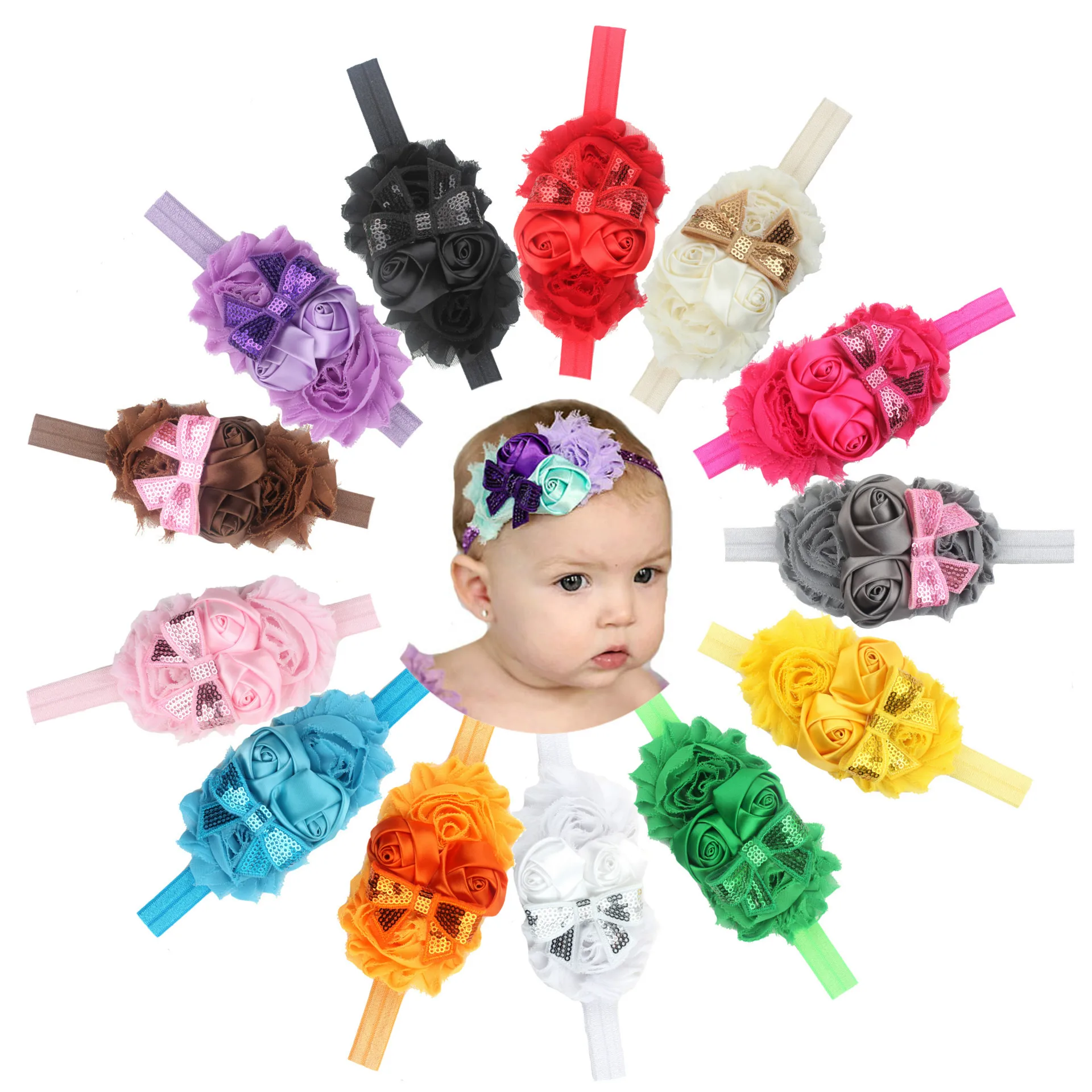 2017 Girls' headwear hair accessories kids Sequins Bow Headband Ribbon Rose cute elastic hair band 12 colors retail