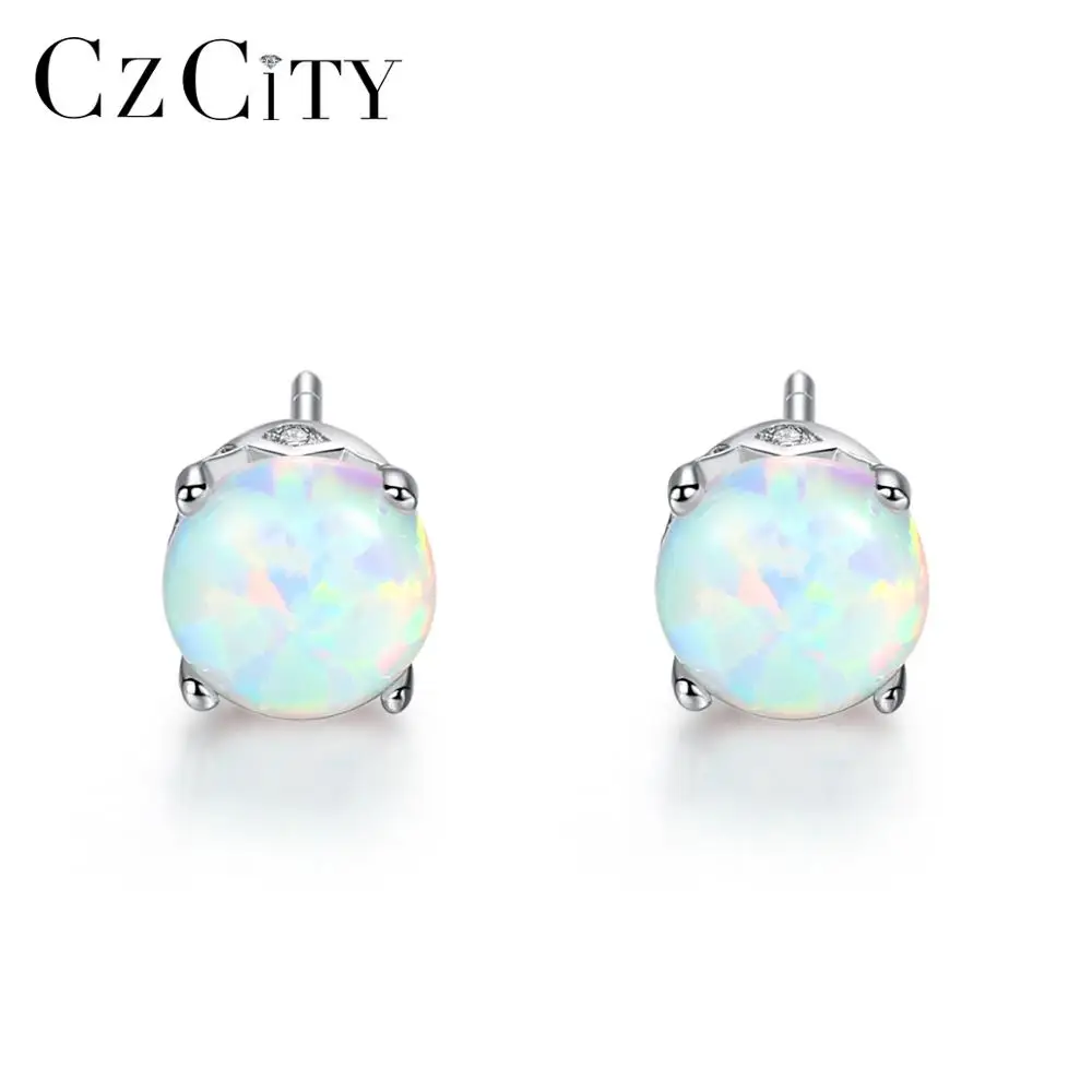 

CZCITY Classic Round Fire Opal Stud Earrings for Women Fine Jewelry 925 Sterling Silver Oorbellen Voor Vrouwen Party Gift SE0278
