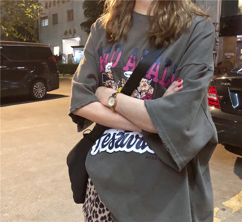 2 цвета весна корейский стиль буквы мультфильм принт толстая о-образный вырез