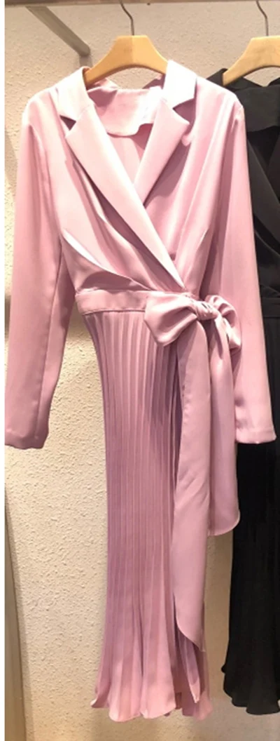 pink Весна Лето Женский темперамент костюм со складками воротник длинный рукав платье женское пояс сплайсинг длинное платье леди s58 - Цвет: pink