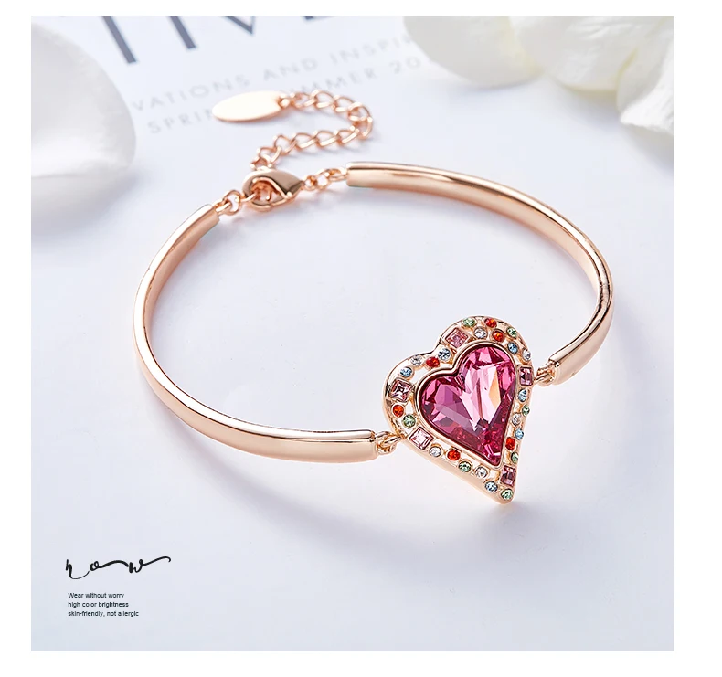 CDE женский золотой браслет украшенный кристаллами от Swarovski Сердце радуги регулируемые браслеты розовое золото ювелирный подарок
