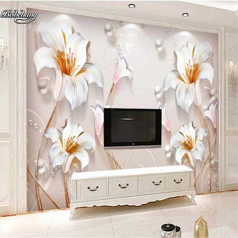

wellyu Relief lily three - dimensional flowers new Chinese - style backdrop custom large - scale fresco non - woven wallpaper