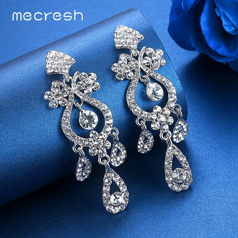 Женские серьги капельки Mecresh длинные серебряные с кристаллами в виде листиков