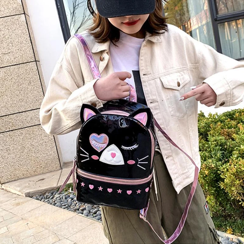 Yogodlns Милая кошка Mochila Mujer лазерный голографический рюкзак женский маленький мини рюкзак для девочек Школьный Рюкзак PU дорожные сумки